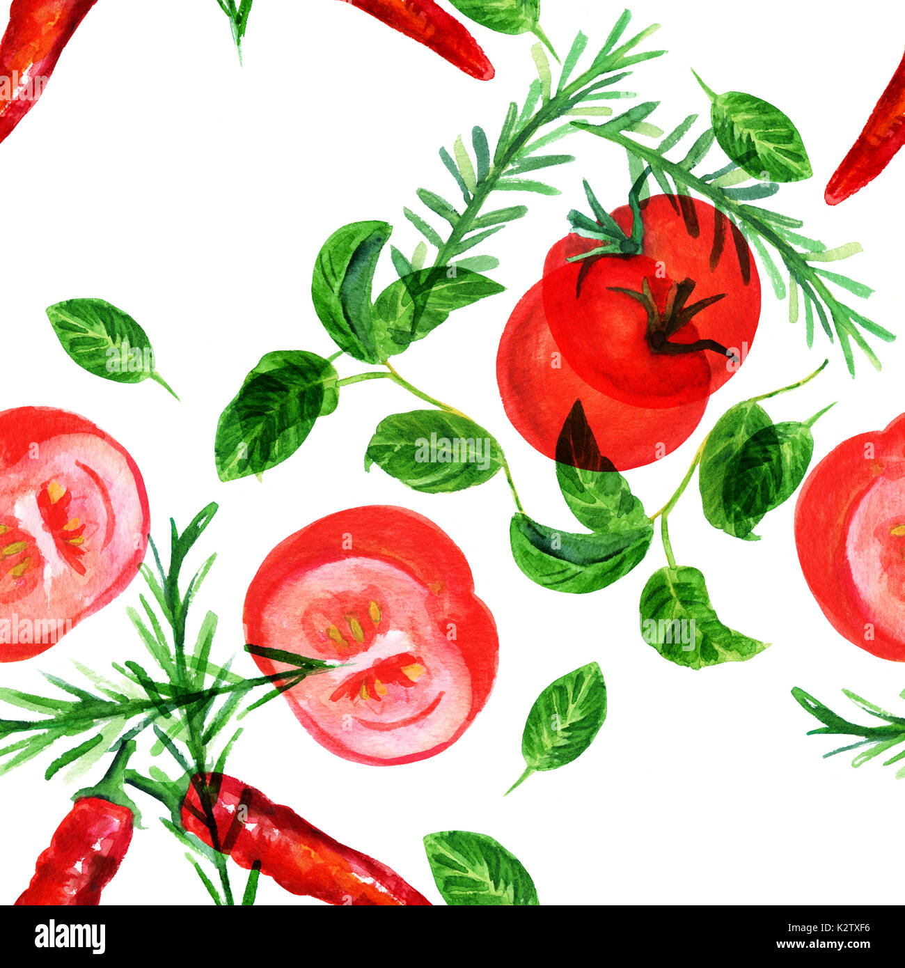 A seamless background pattern with rustic style watercolor drawings of a tomato, basil leaves, rosemary twigs, and a red hot chili pepper Stock Photo