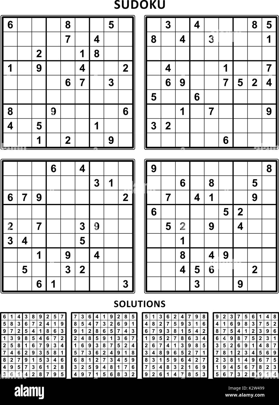 Four sudoku puzzles of comfortable (easy, yet not very easy) level, suitable for large books, answers included. Set 7 Stock Image & Art Alamy