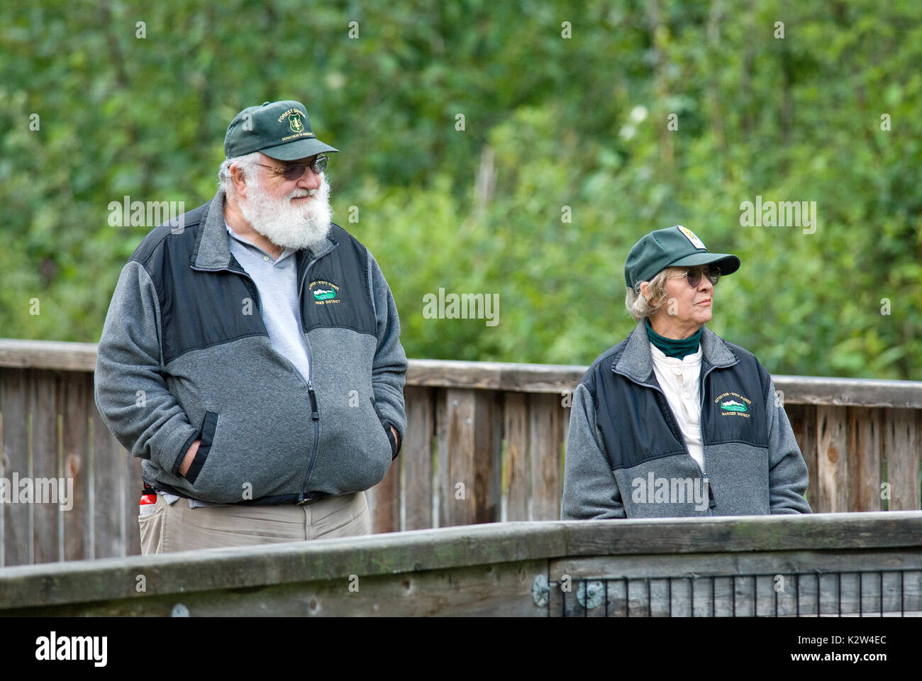 Volunteer rangers at Fish Creek Wildlife Observation Site, Tongass National Forest, Hyder, Alaska, USA Stock Photo