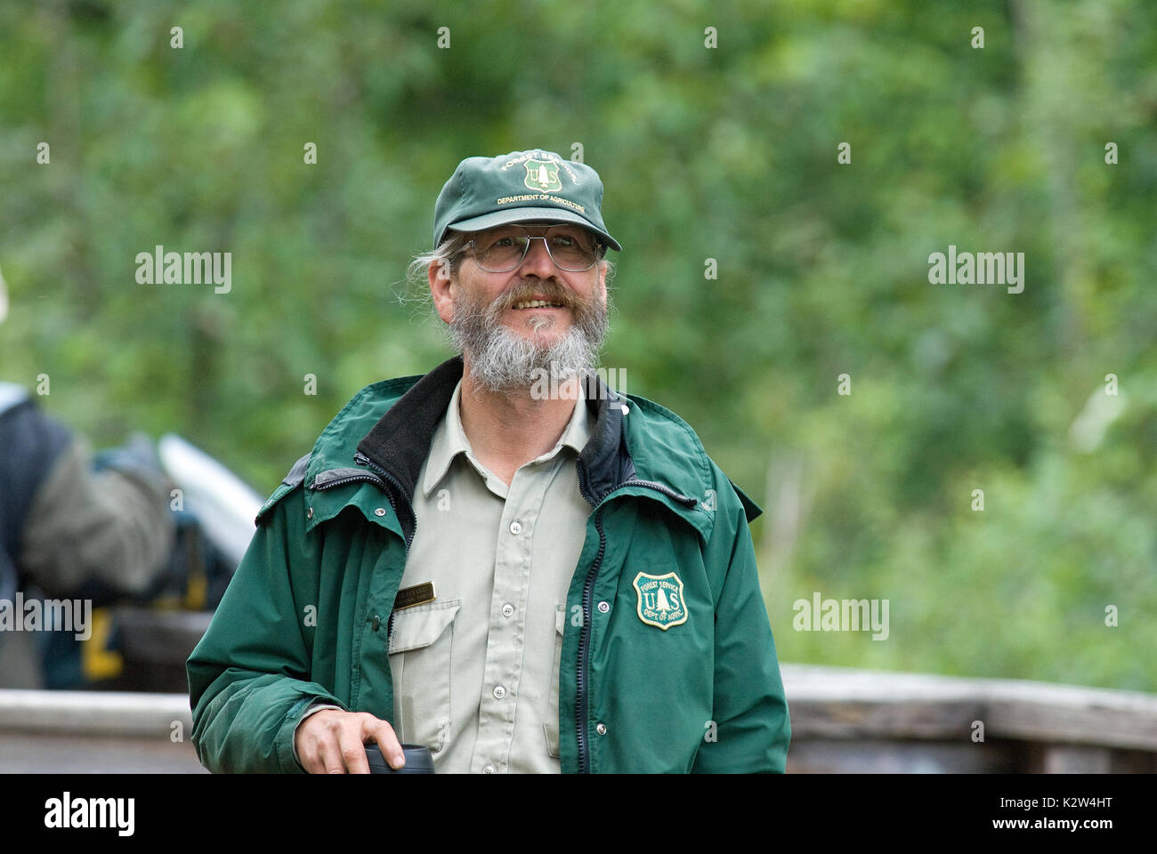 Volunteer ranger at Fish Creek Wildlife Observation Site, Tongass National Forest, Hyder, Alaska, USA Stock Photo