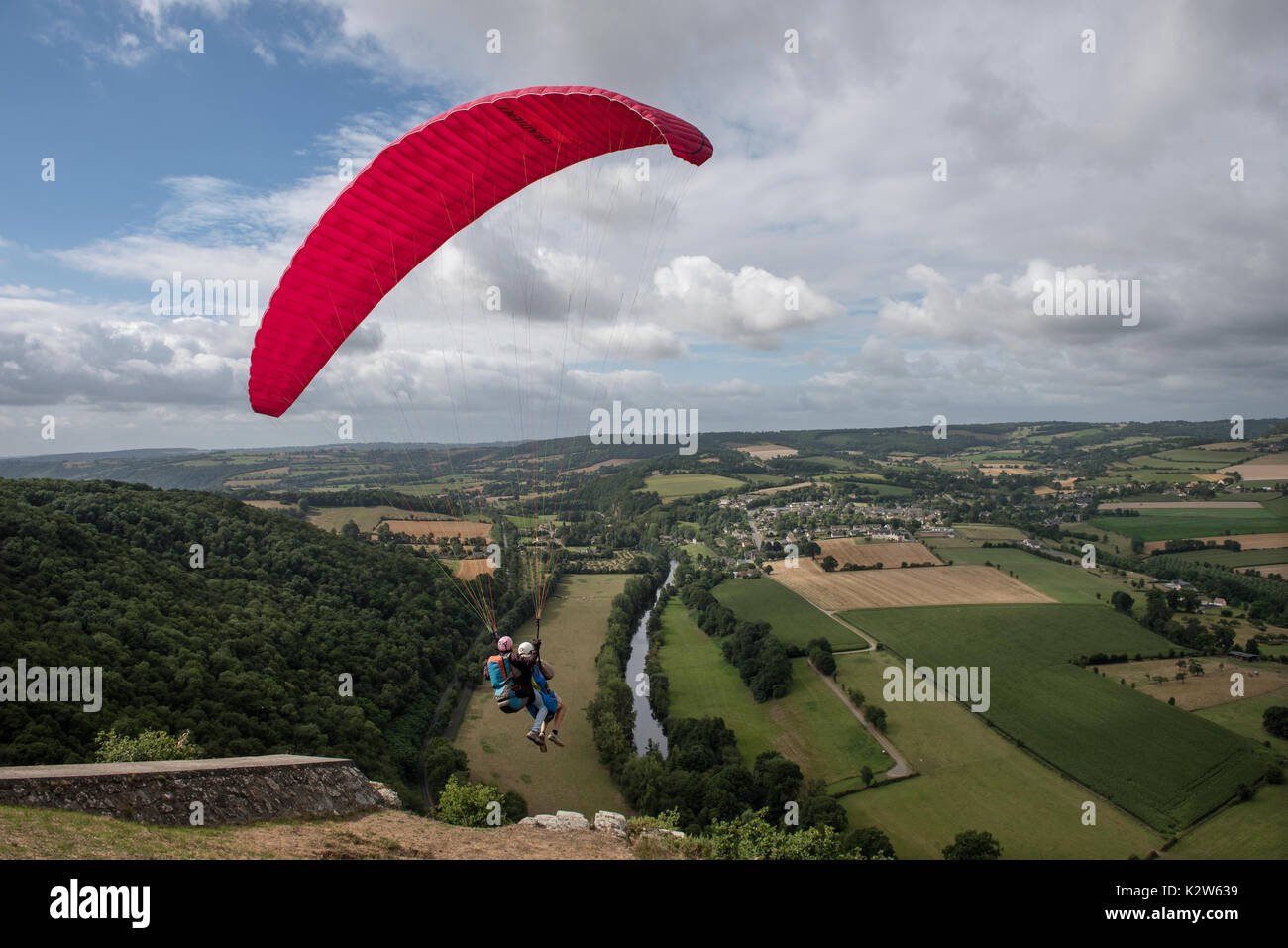 Suisse Normande, Swiss Normandy above Clecy France. August 2017 Paragliding from the Rochers de la Houle above Clecy and the Orne River near Le Pain d Stock Photo