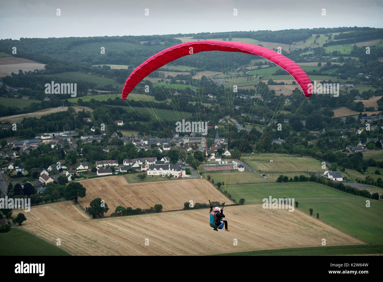 Suisse Normande, Swiss Normandy above Clecy France. August 2017 Paragliding from the Rochers de la Houle above Clecy and the Orne River near Le Pain d Stock Photo