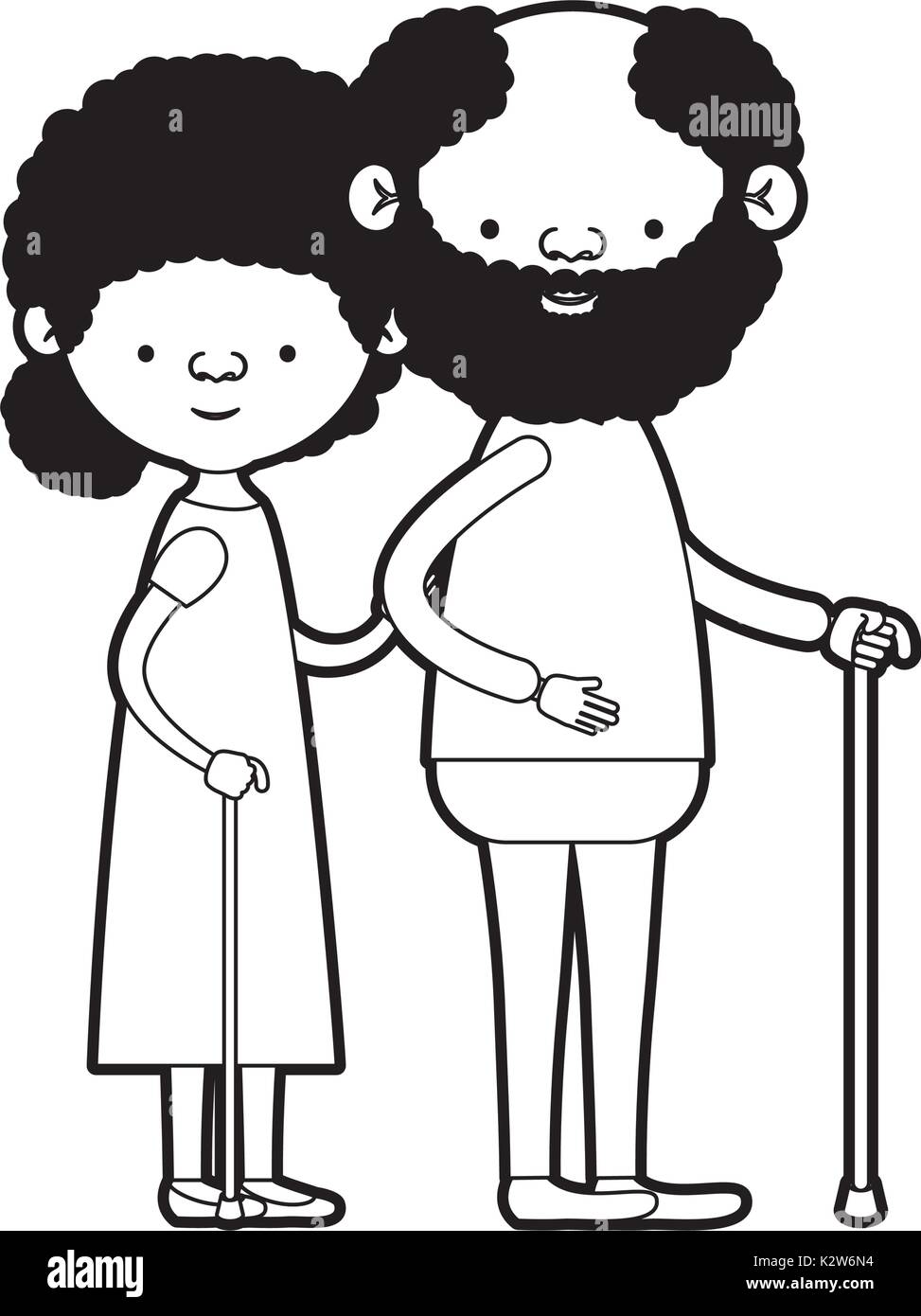Caricature Full Body Elderly Couple In Walking Stick Grandmother