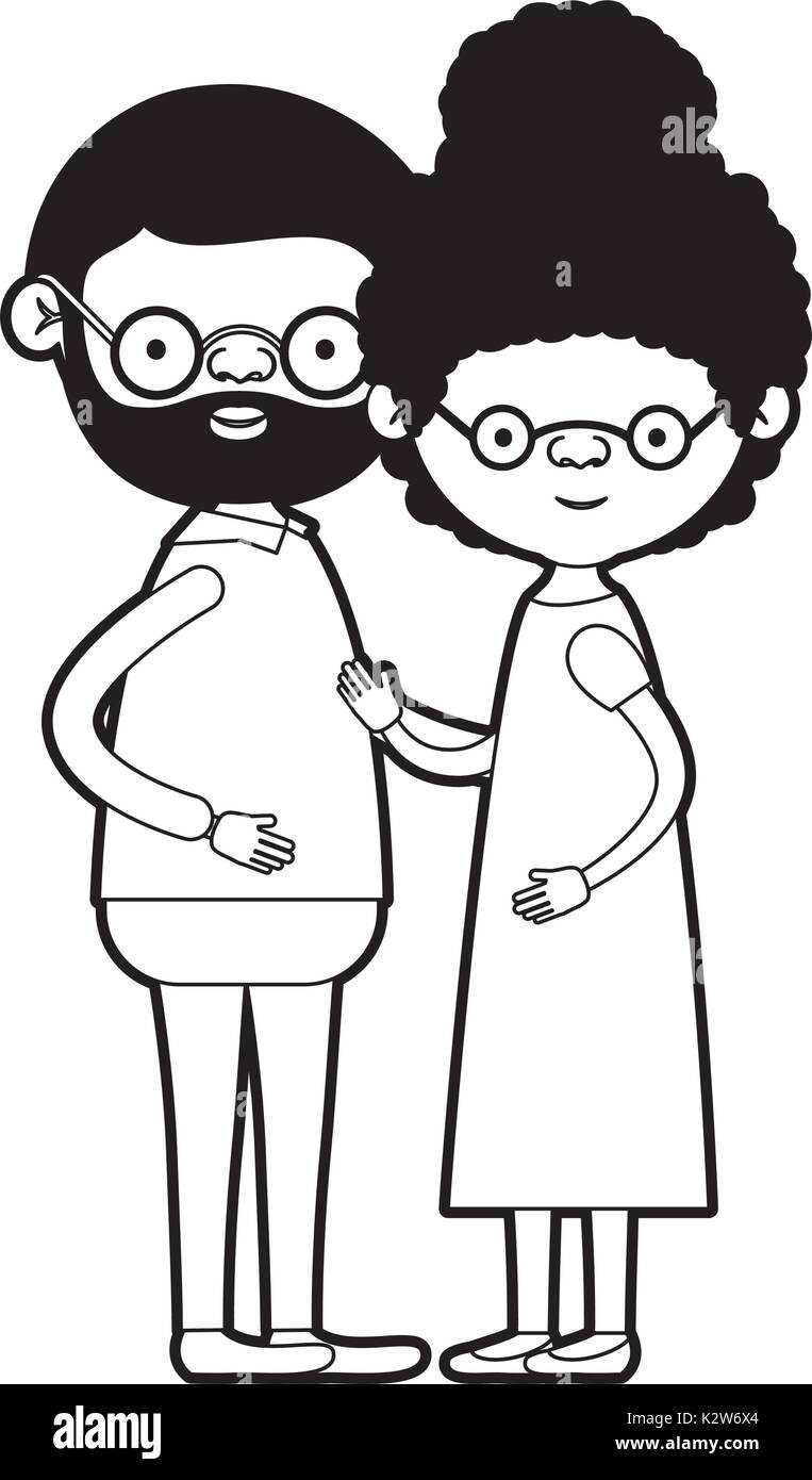 Caricature Full Body Elderly Couple With Glasses Bearded