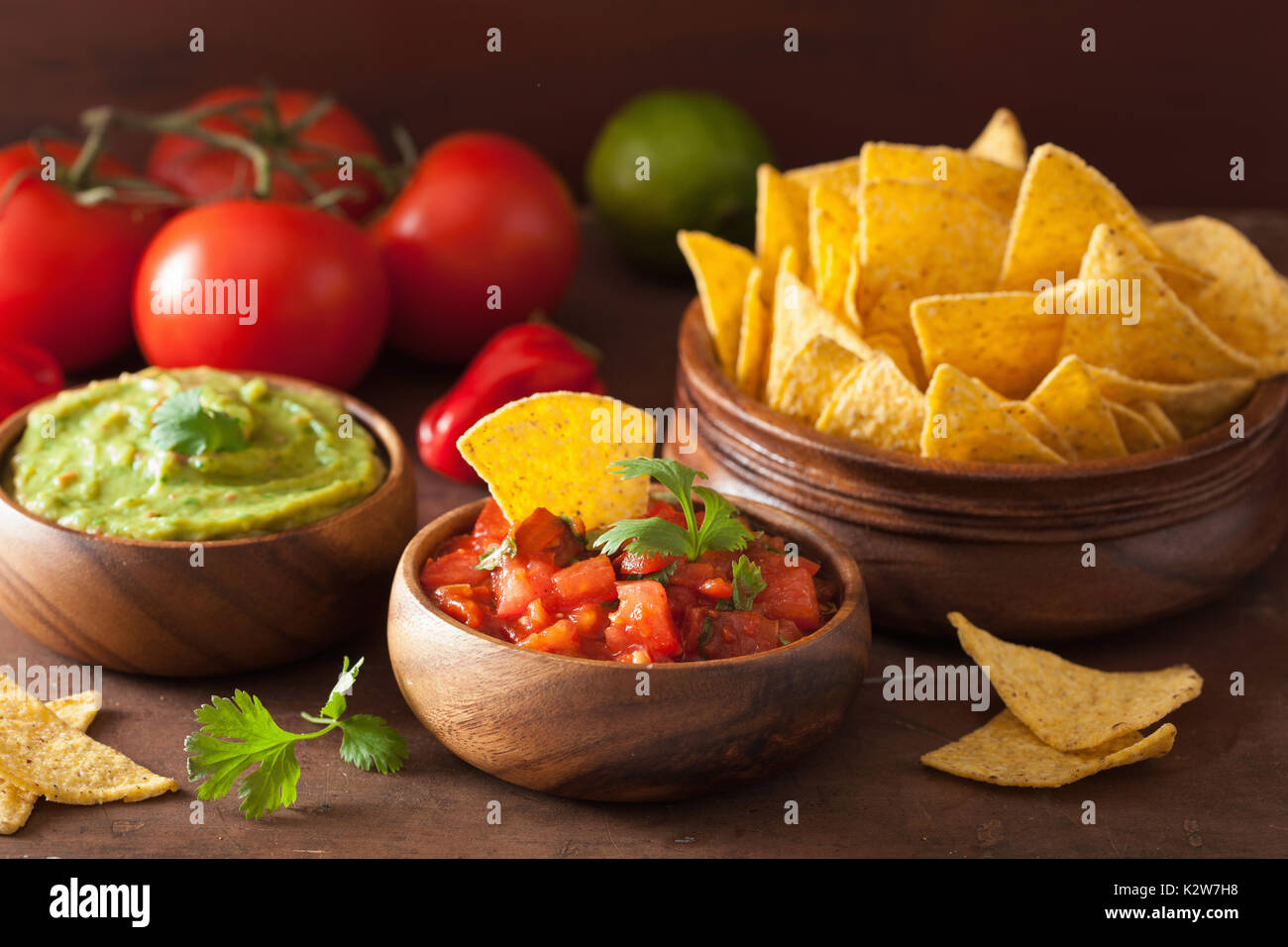 mexican guacamole and salsa dip, nachos tortilla chips Stock Photo Alamy