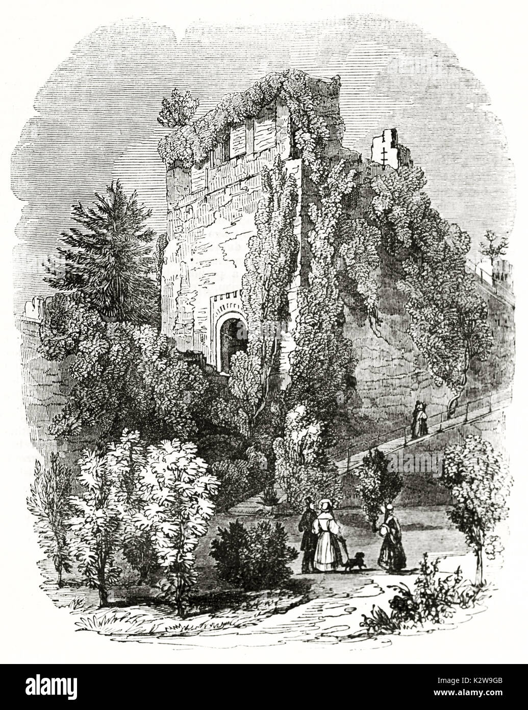 Old view of Farnham castle ruins, England. By unidentified author, published on  Penny Magazine, London, 1835 Stock Photo