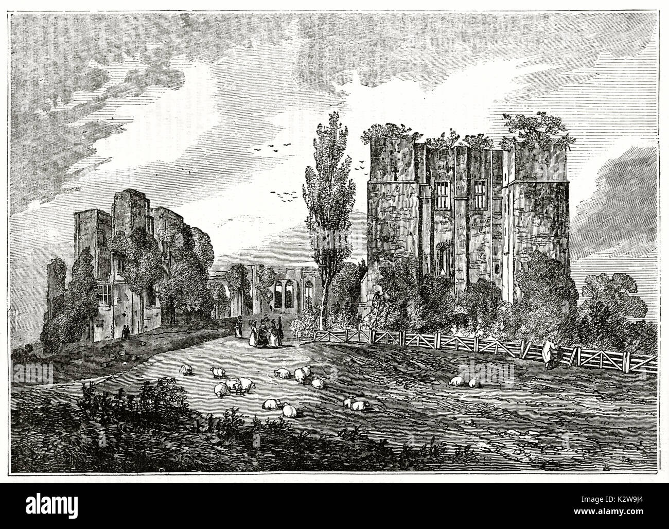 Old view of Kenilworth castle ruins, England. By unidentified author, published on the Penny Magazine, London, 1835 Stock Photo