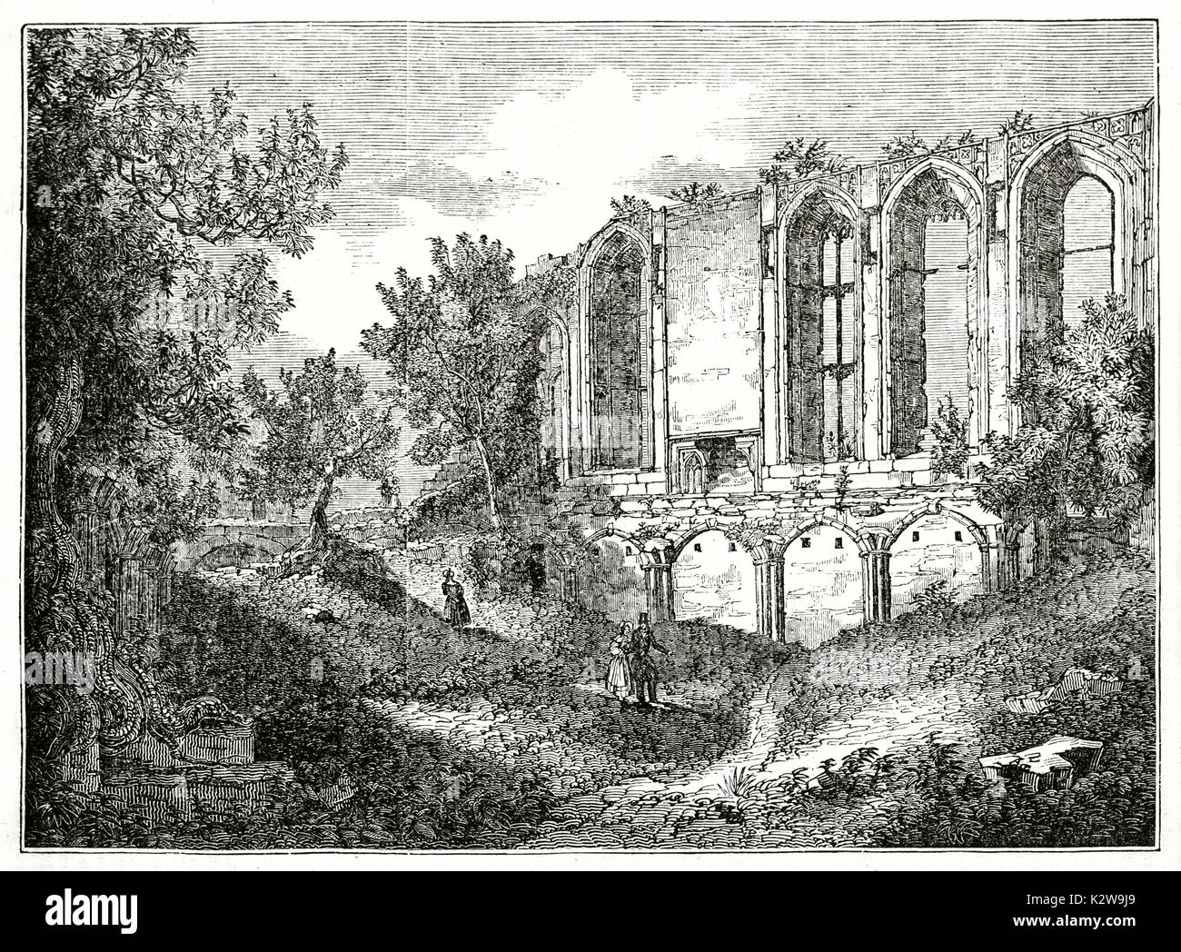 Old view of Great Hall, Kenilworth castle ruins, England. By unidentified author, published on the Penny Magazine, London, 1835 Stock Photo
