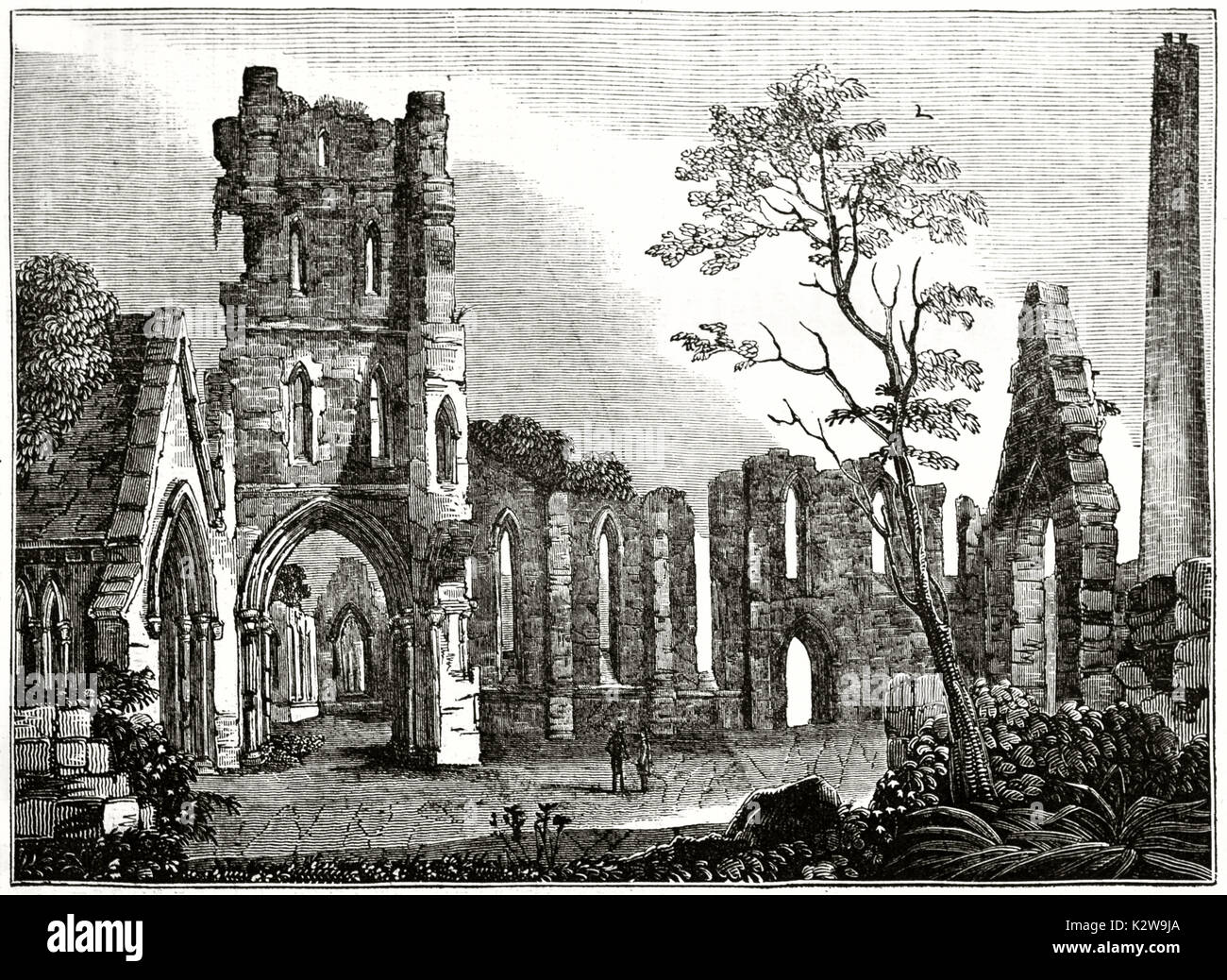 Old view of Kildare Cathedral ruins, Ireland. By unidentified author, published on the Penny Magazine, London, 1835 Stock Photo