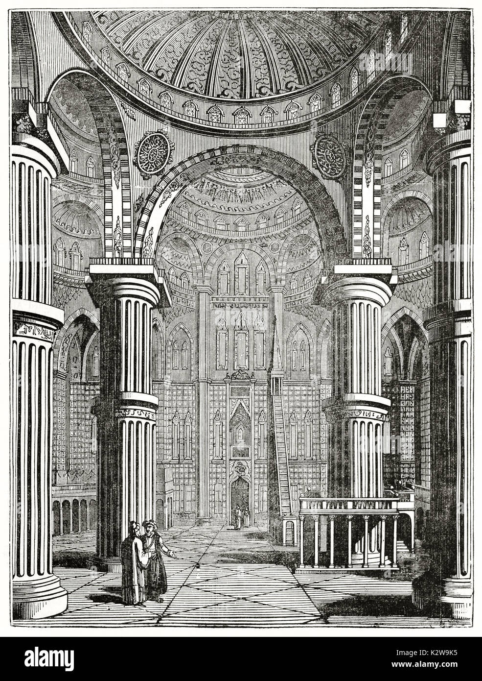 Old view of Grand Mosque of Sultan Achmet interior in Constantinople ...