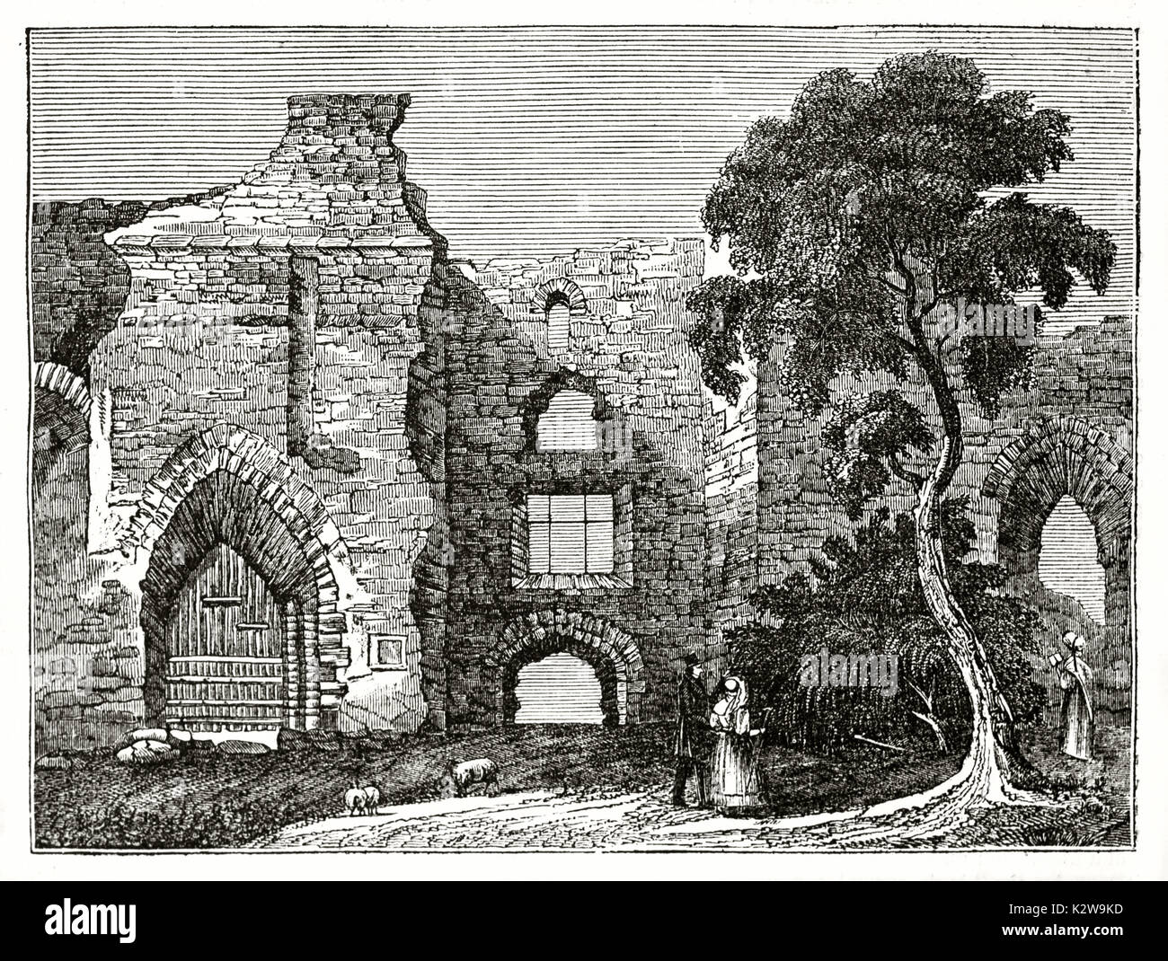Old illustration of Newark castle ruins, England. By unidentified author, published on the Penny Magazine, London, 1835 Stock Photo