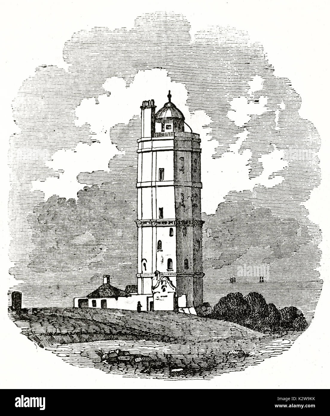 Old view of North Foreland lighthouse, England. By unidentified author, published on the Penny Magazine, London, 1835 Stock Photo