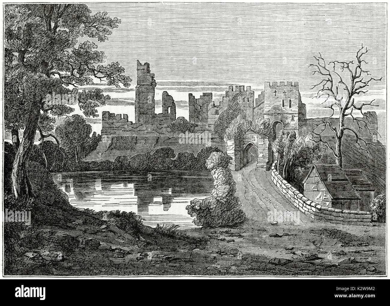 Old view of Prudhoe castle ruins, England. By unidentified author, published on the Penny Magazine, London, 1835 Stock Photo