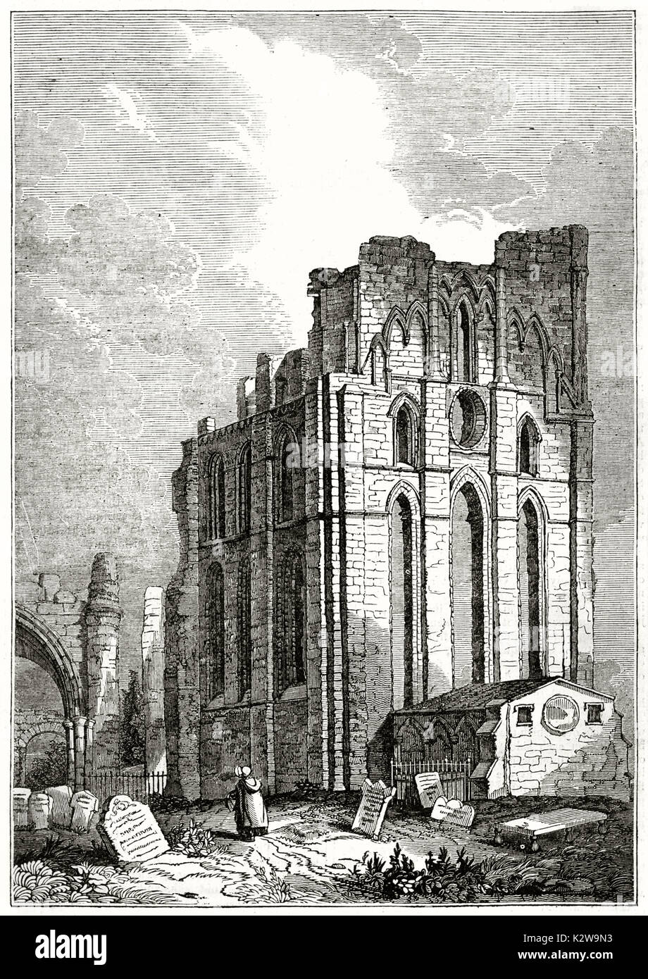 Old view of Tynemouth priory church ruins, England. By unidentified author, published on  Penny Magazine, London, 1835 Stock Photo