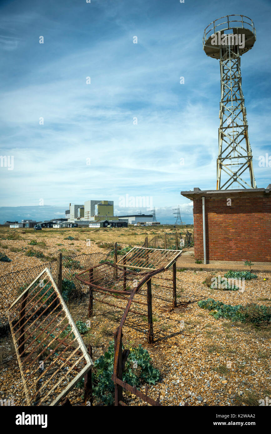 Strange tower and buildings at Dungeness, Kent, UK Stock Photo