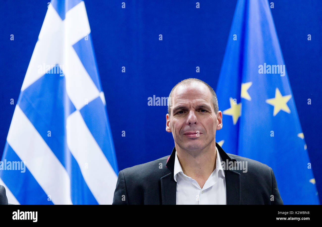 Brussels, Belgium, on 2015/02/20: Yanis Varoufakis, Greek Minister of Finance, talking to the media after a Eurogroup meeting Stock Photo