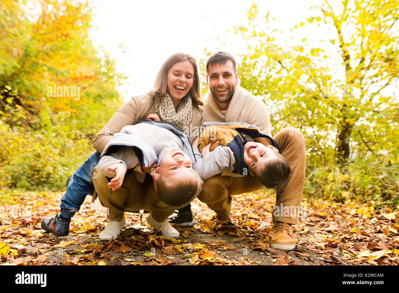 Beautiful young family on a walk in autumn forest Stock Photo - Alamy