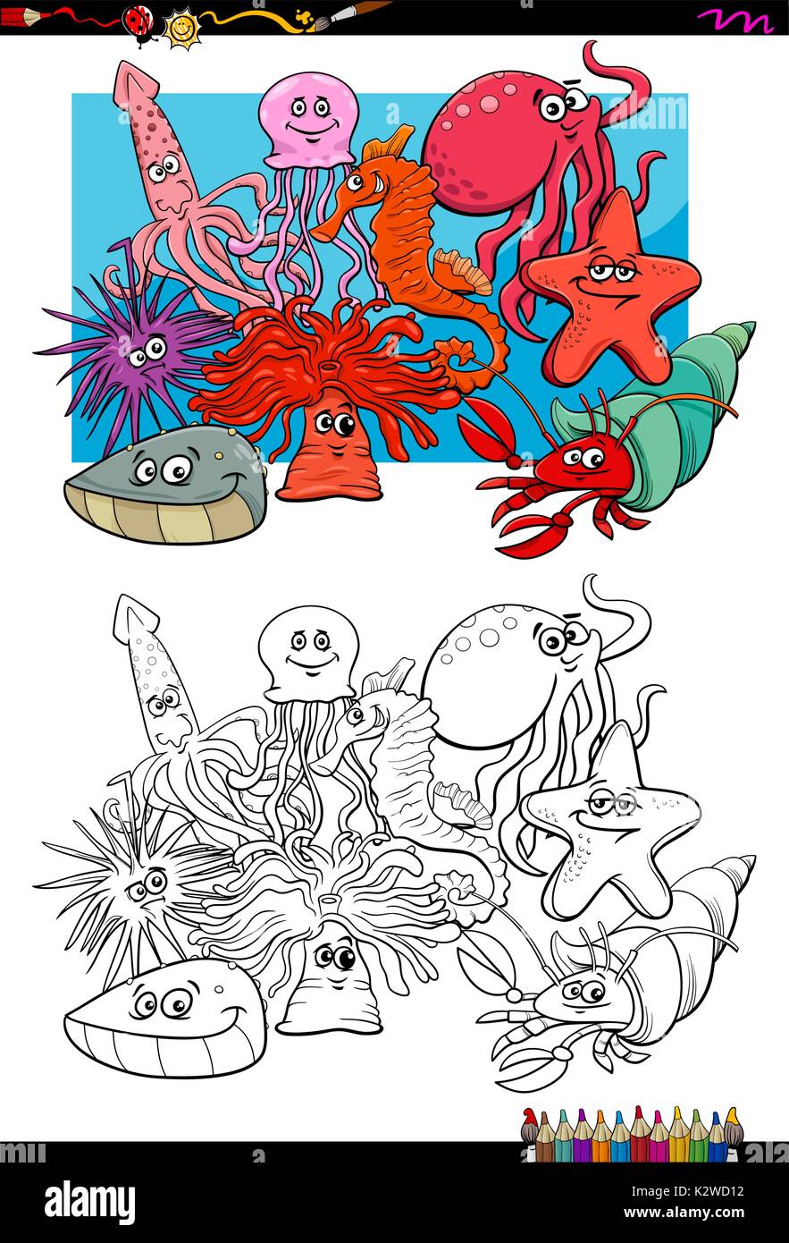Cartoon Illustration of Sea Life Animal Characters Group Coloring Book ...