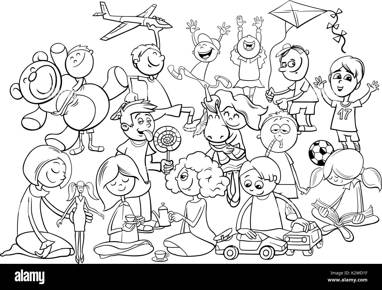 Black and White Cartoon Illustration of Children Characters Group Playing with Toys Coloring Book Stock Vector
