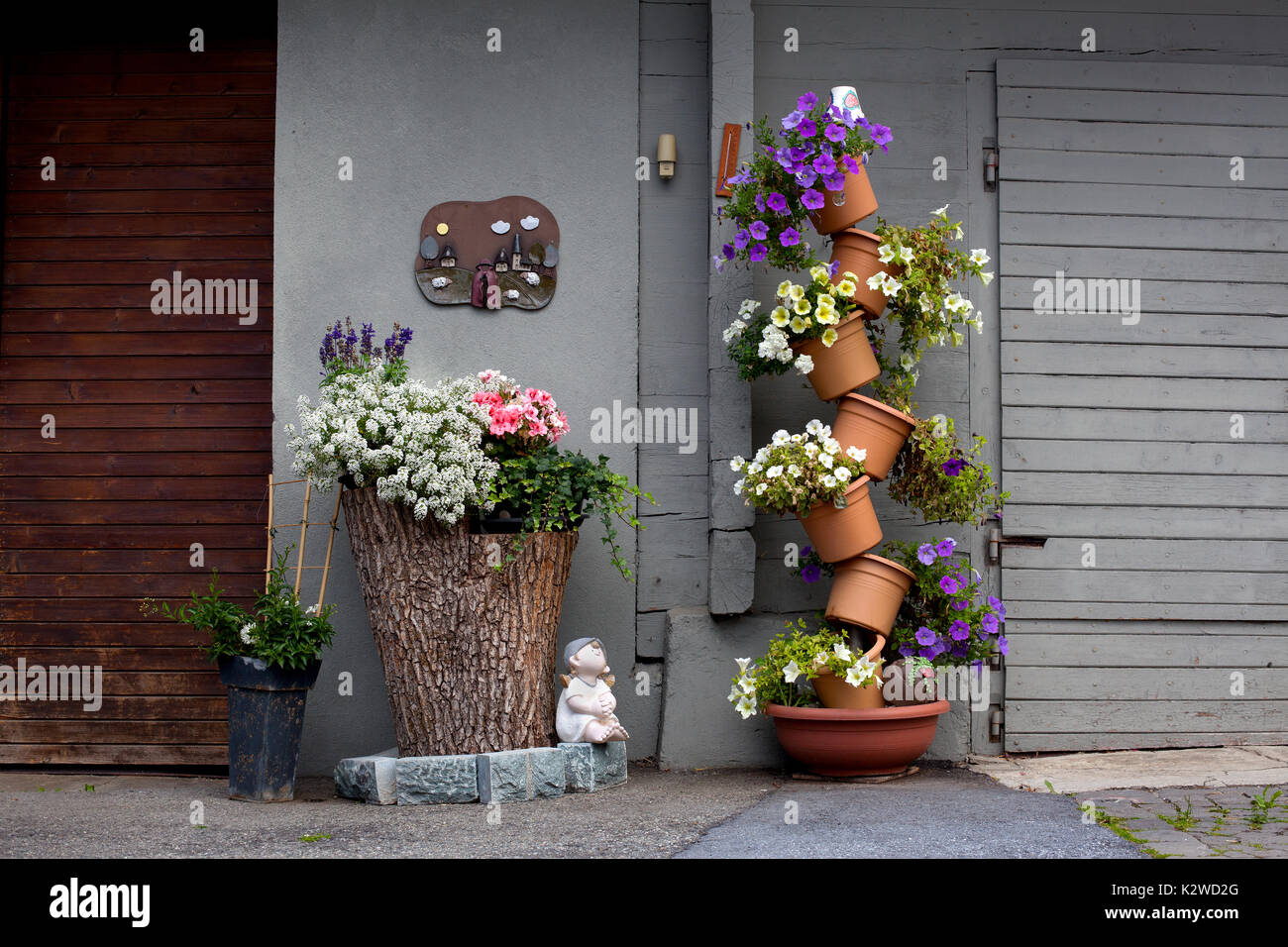 Outdoor flower arrangement, Ulrichen, Switzerland. Stock Photo