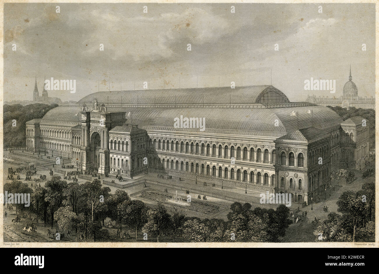 Antique c1860 engraving, Palais de l'Industrie. The Palace of Industry was an exhibition hall located between the Seine River and the Champs-ƒlysŽes, which was erected for the Paris World Fair in 1855. Mainly designed by the architect Jean-Marie-Victor Viel and the engineer Alexis Barrault. SOURCE: ORIGINAL STEEL ENGRAVING. Stock Photo