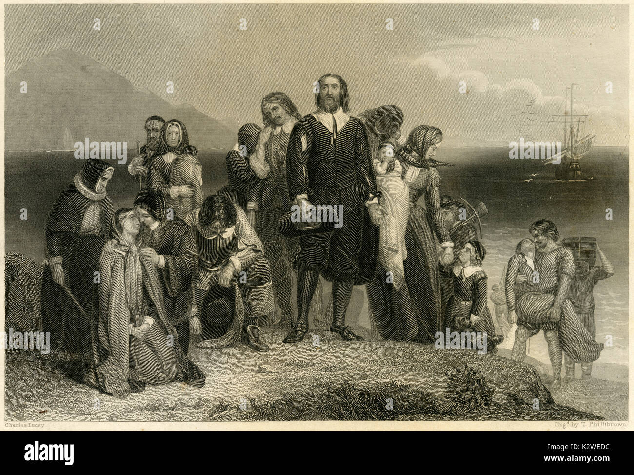 Antique 1856 engraving from 'Landing of the Pilgrim Fathers' by Charles Lucy (1814-1873). SOURCE: ORIGINAL STEEL ENGRAVING. Stock Photo