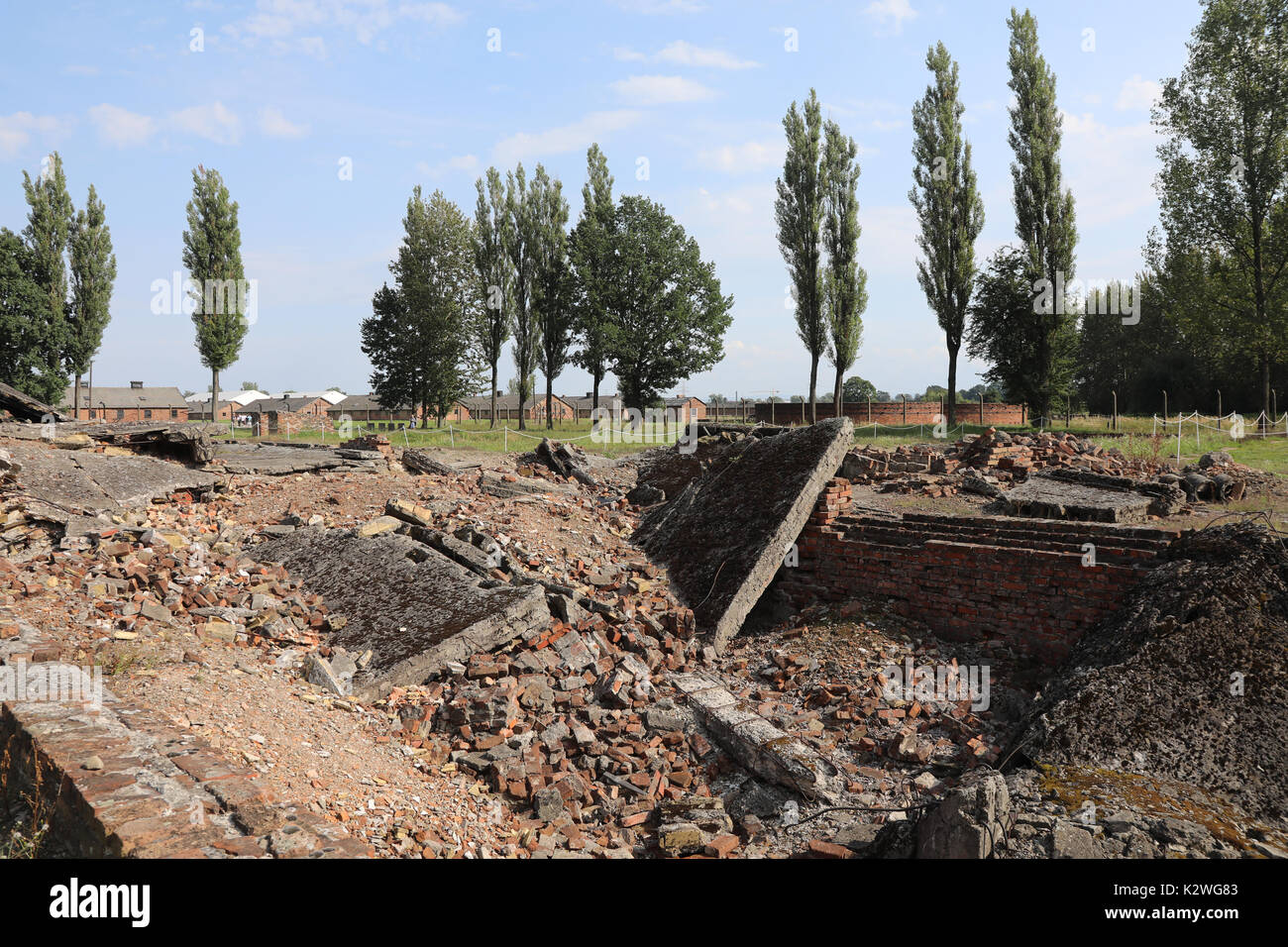 The ruins of one of the crematoriums at the Nazi concentration camp of Auschwitz Birkenau, close to the town of Oświęcim, Poland, photographed on 25 A Stock Photo