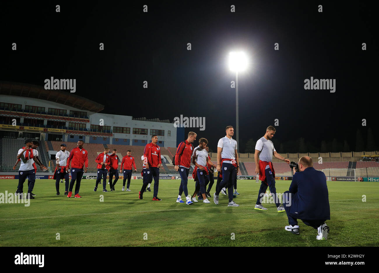 England's players during a walkaround of the National Stadium, Ta' Qali, Malta. Stock Photo