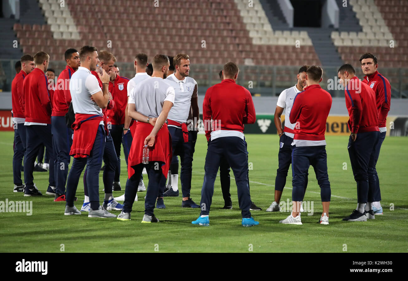 England's Harry Kane (centre) with teammates during a walkaround of the National Stadium, Ta' Qali, Malta. Stock Photo
