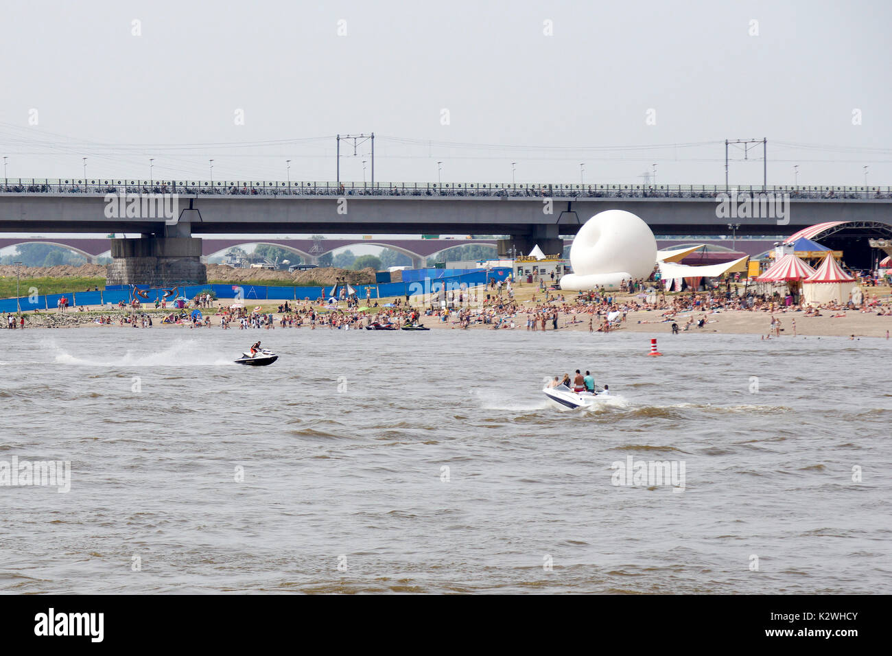 NIJMEGEN, THE NETHERLANDS – 16 JULY 2013  Beach during the Vierdaagse of Nijmegen. It is a yearly event in July. Stock Photo