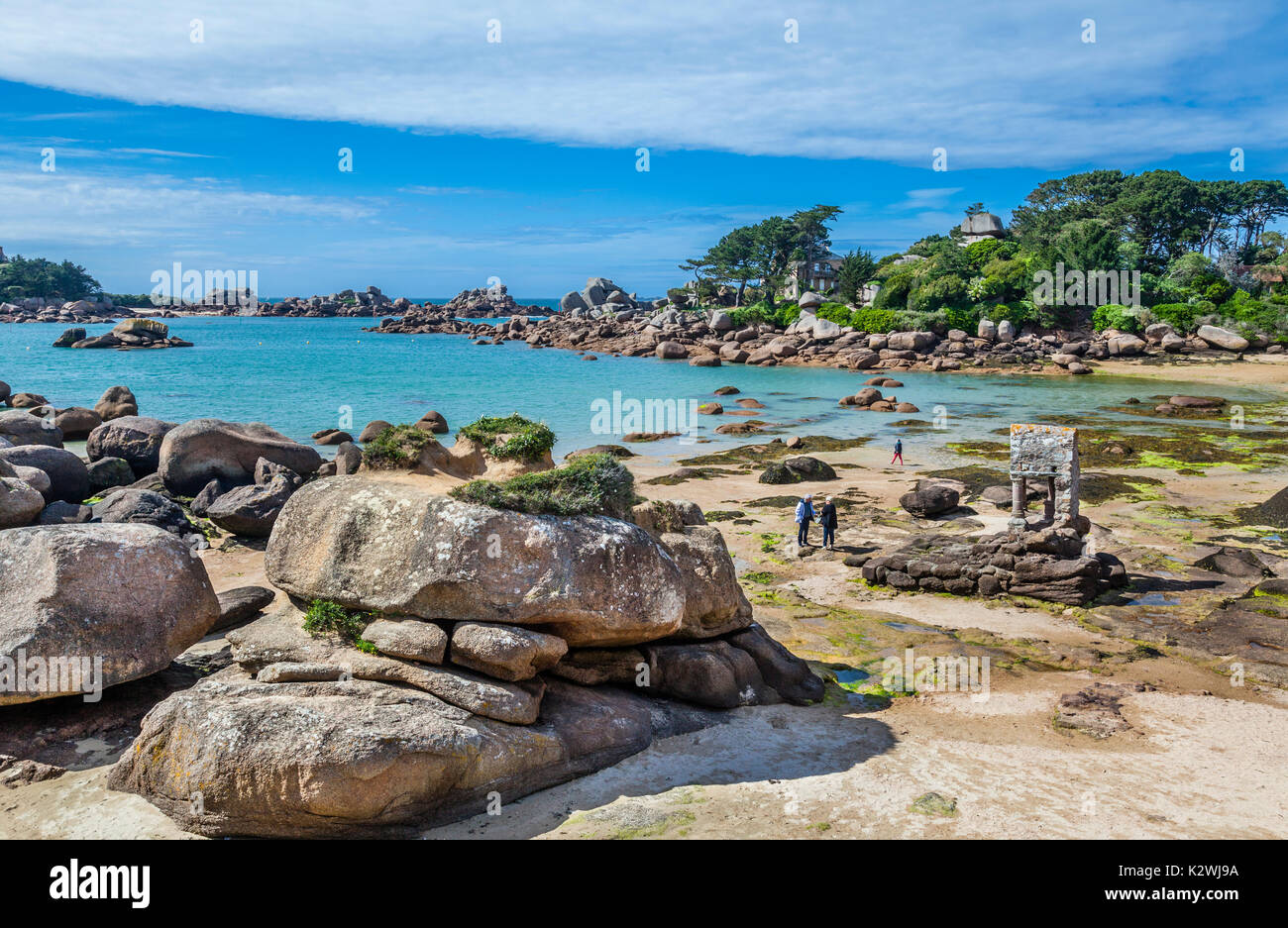 France, Brittany, Cotes d'Armor department, Cote de Granit Rose (Pink granite coast), Perros-Guirec, view of Saint-Guirec Beach with the Oratory of Sa Stock Photo