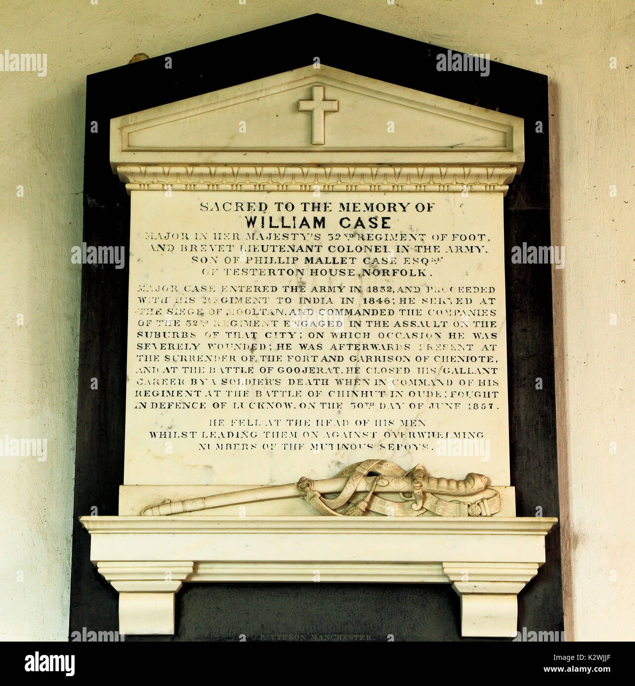 Lucknow, Indian Mutiny, 1857. memorial to William Case, 32nd Regiment of Foot, Brevet Lieutenant Colonel, British Army, Sepoy Mutiny, Dunton, Norfolk Stock Photo