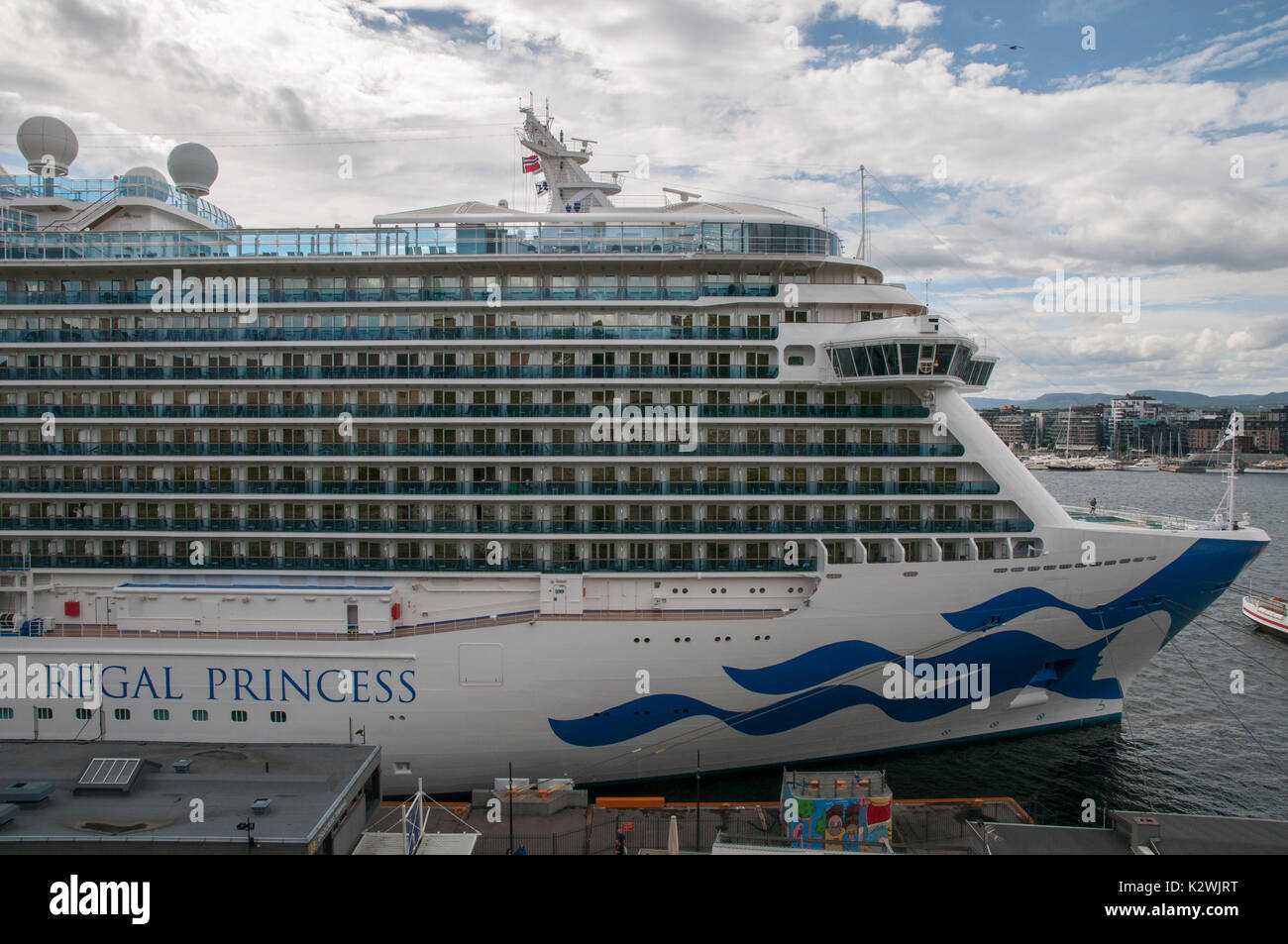 Cabins and bridge on starboard side of Regal Princess cruise ship as it is moored at quay in Oslo, Norway. Stock Photo