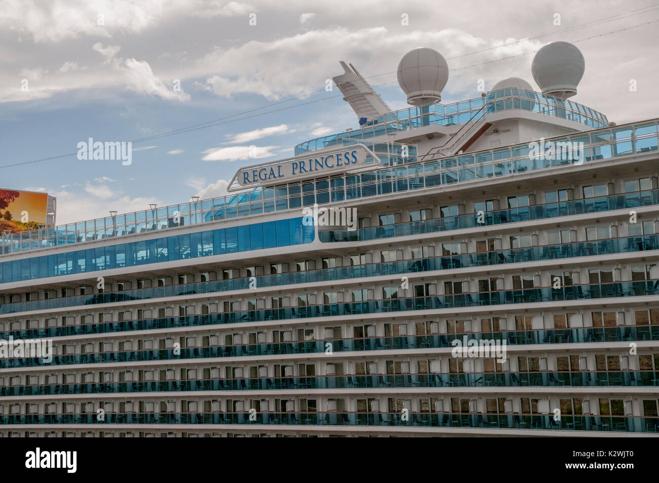 Close up of cabins and navigation and communications systems on starboard side of Regal Princess cruise ship as it is moored at quay in Oslo, Norway. Stock Photo