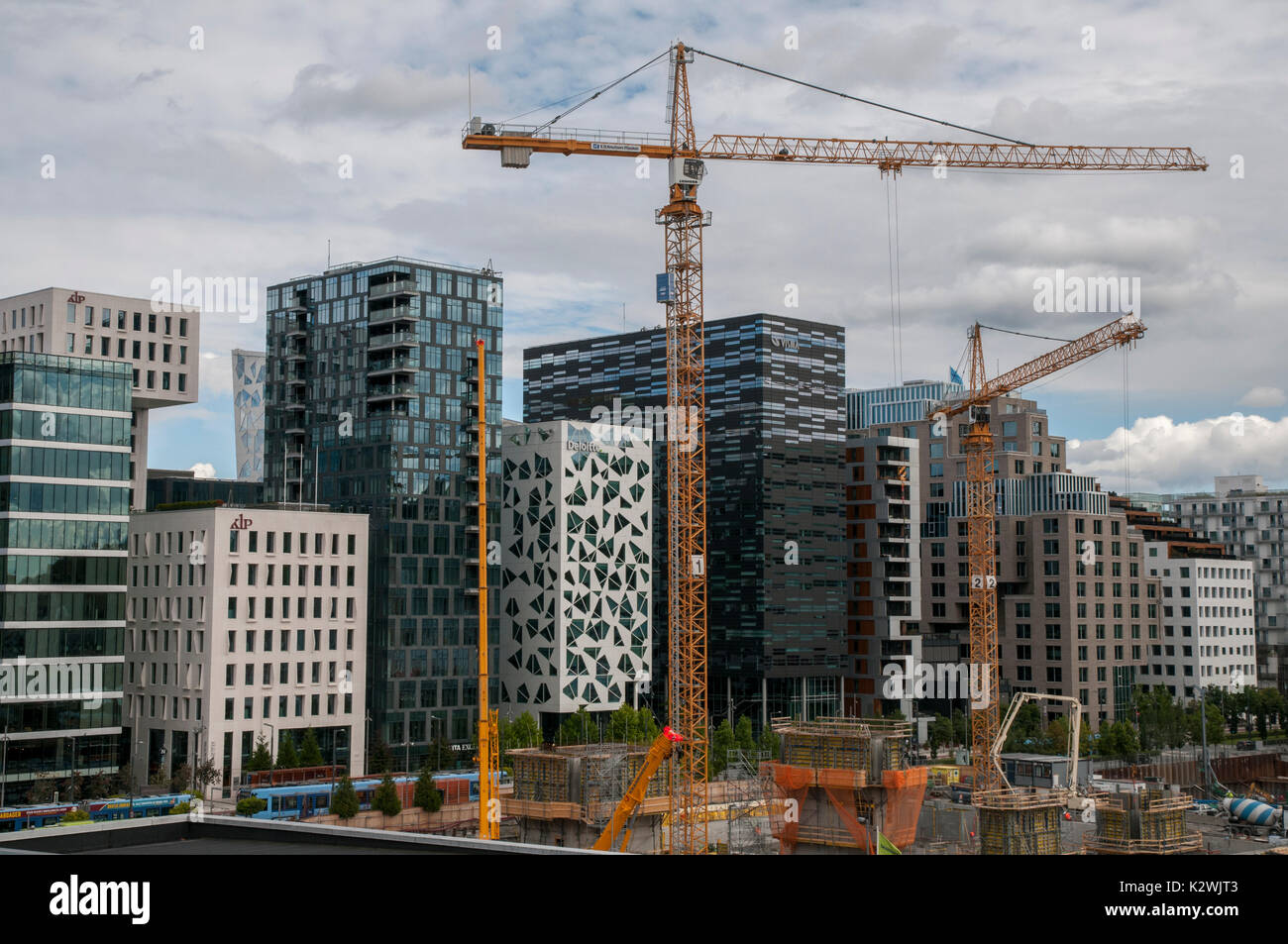 Construction work going on around the Barcode development in Bjørvika, central Oslo, as seen from the Oslo Opera House. Stock Photo