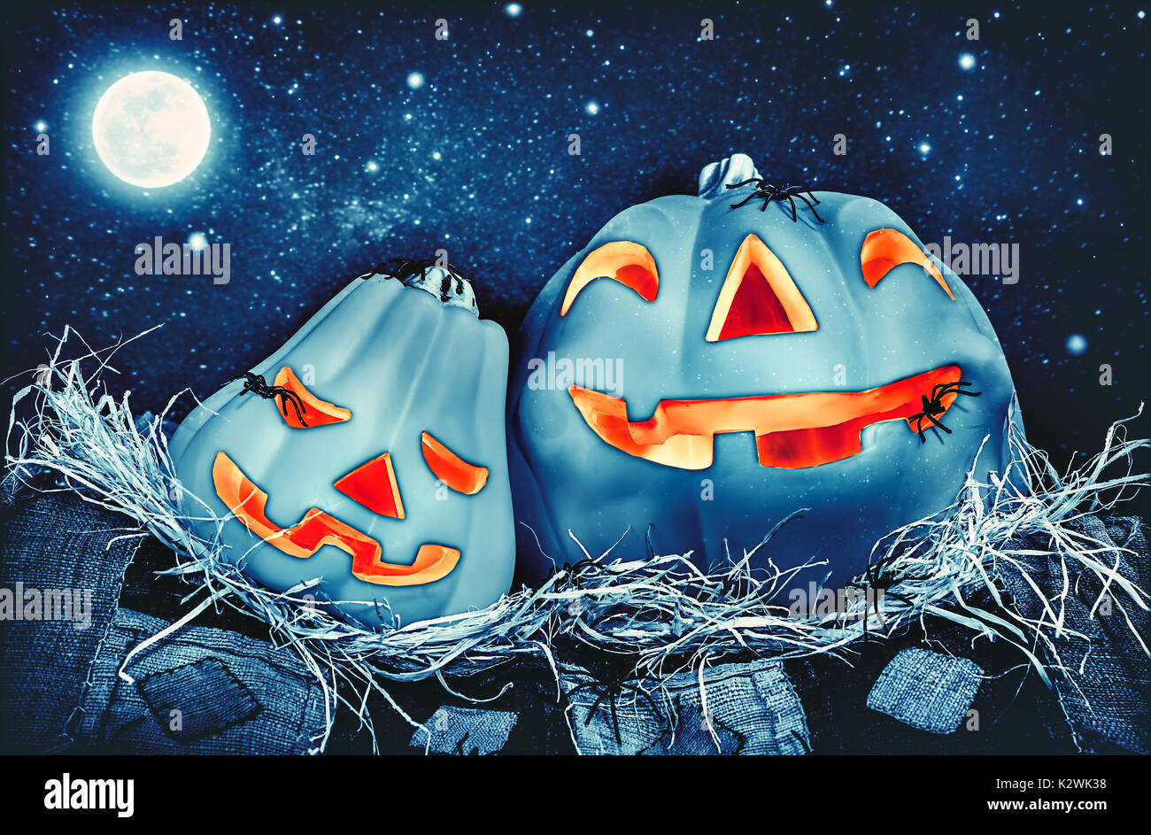 Creepy Halloween Pumpkins Outdoors In Full Moon Night Festive Stock Photo Alamy