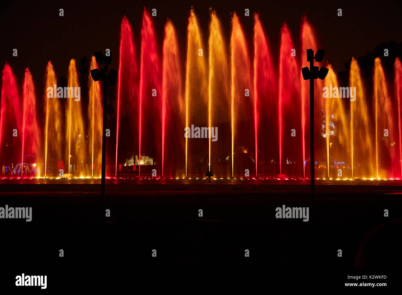 Light show on Fantasy Fountain at the Magic Water Circuit (world's largest fountain complex), Park of the Reserve, Lima, Peru, South America Stock Photo