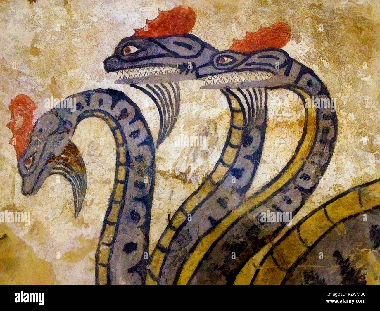 MAGICAL SERPENTS PAINTED ON THE WALL JUST OUTSIDE A RECENTLY DISCOVERED ETRUSCAN TOMB OVER ONE THOUSAND YEARS OLD. THE SERPENTS ARE GUARDIANS. Stock Photo