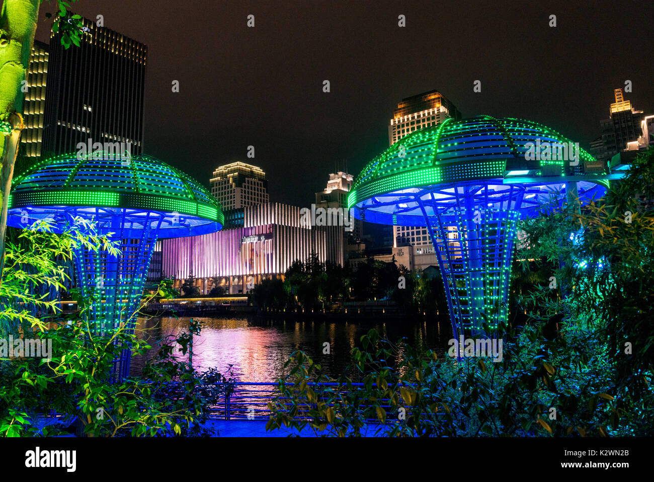 illuminated LED mushrooms, wulin square, hangzhou night, travel destination Stock Photo
