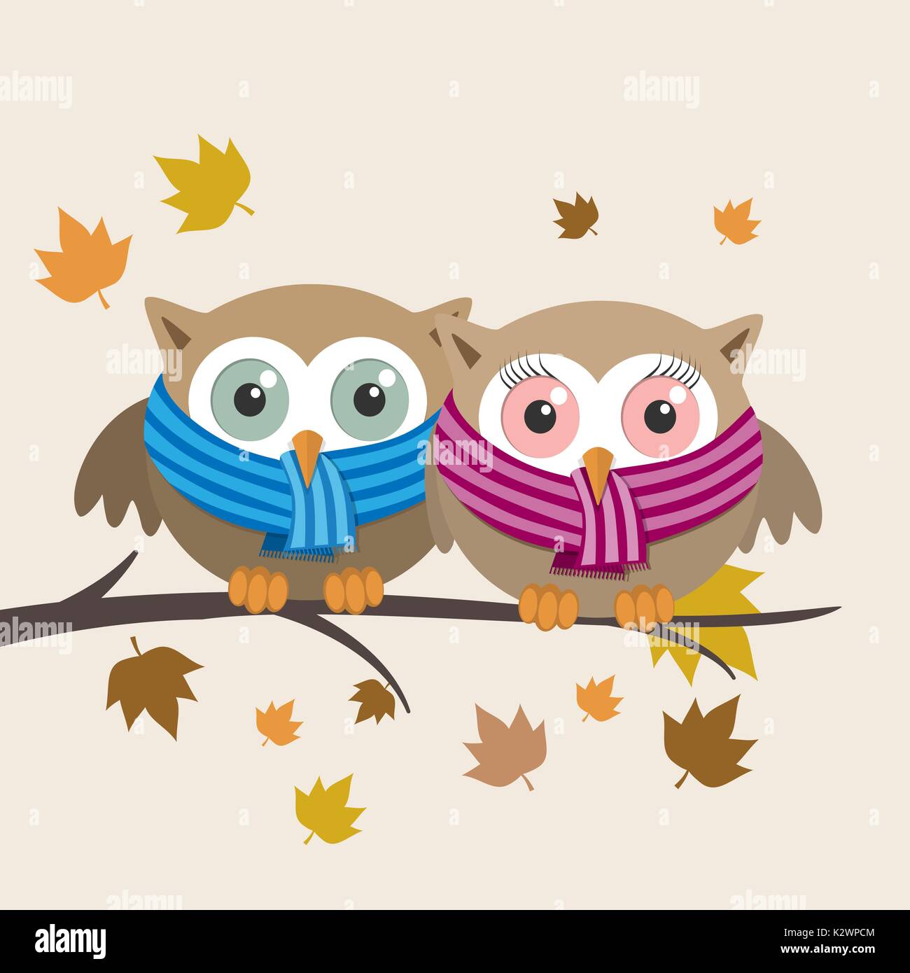 Couple of owls with scarf on a fall day. Vector illustration Stock ...