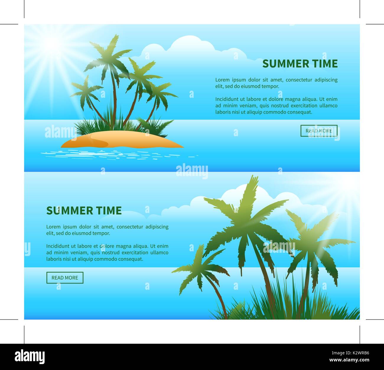 Summer time web banners. Tropical island, palm trees, ocean. Vector illustration Stock Vector