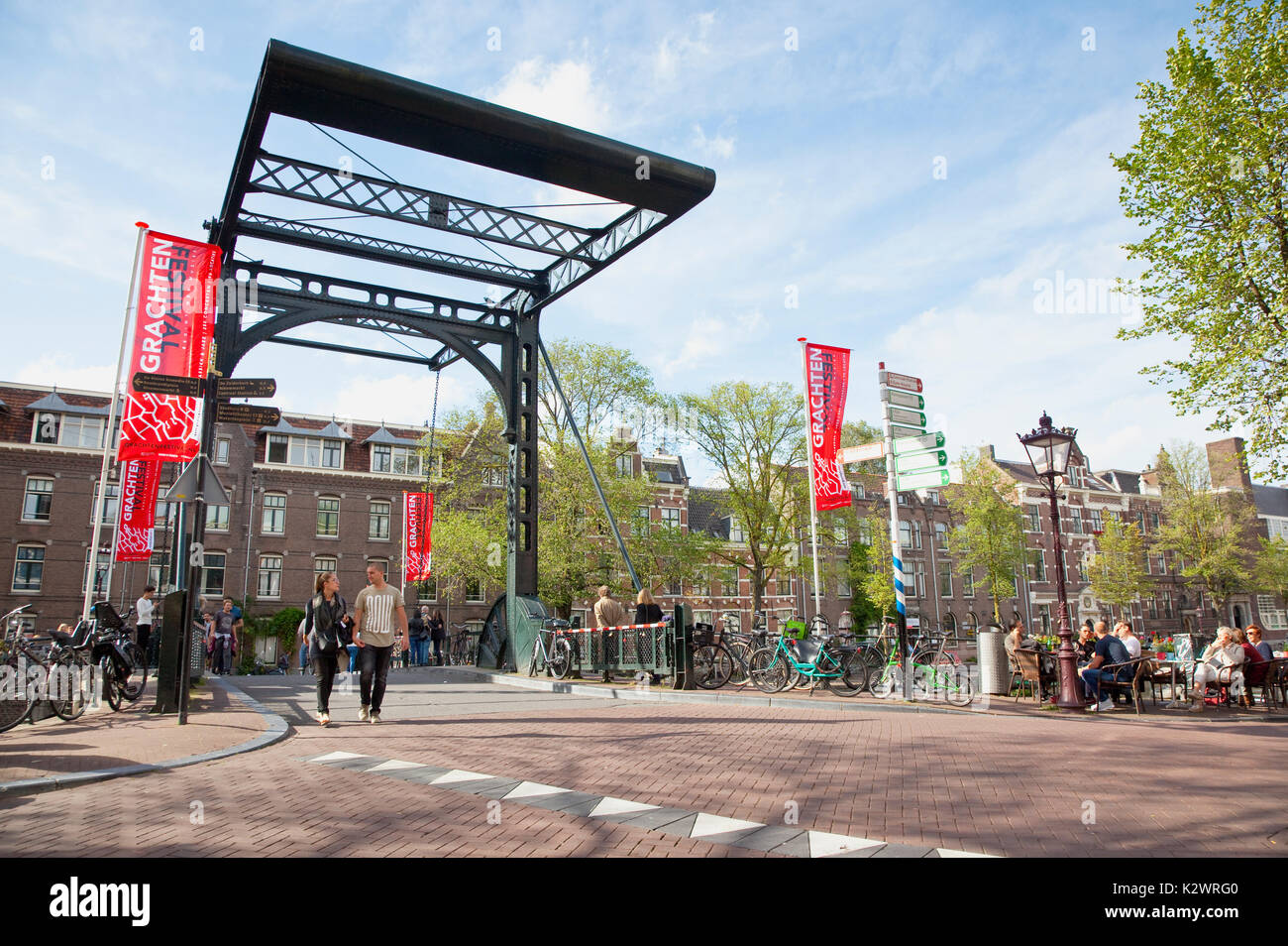 Holland, North, Amsterdam, Typical Dutch lifting bridge over canal. Stock Photo