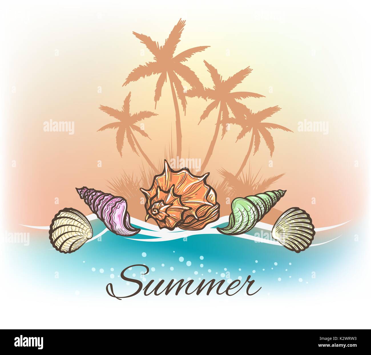 Summer banner. Sea shells and palm trees. Vector illustration Stock Vector