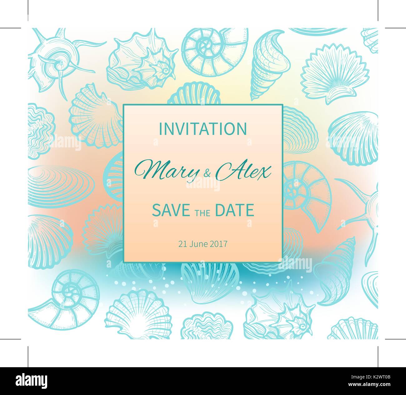 Wedding on the beach. The invitation design. Greeting card with sea shells. Vector illustration Stock Vector