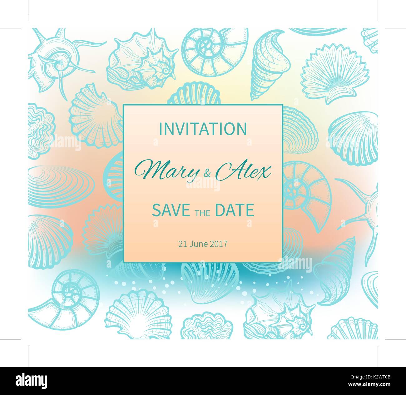 Wedding on the beach. The invitation design. Greeting card with sea shells.  Vector illustration Stock Vector Image & Art - Alamy