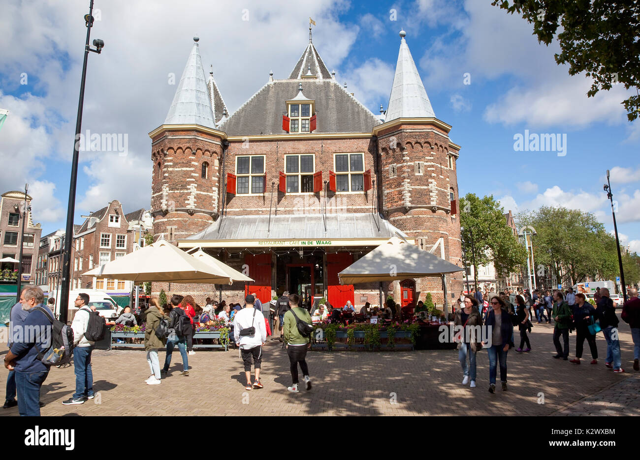 Holland, North, Amsterdam, Old city gate De Waag in the Nieuwmarkt neighbourhood, now a cafe. Stock Photo