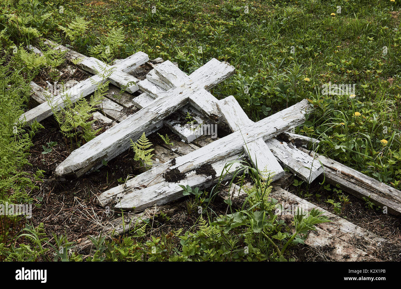 Pile of discarded unmarked wooden crosses, Newfoundland, Canada Stock Photo