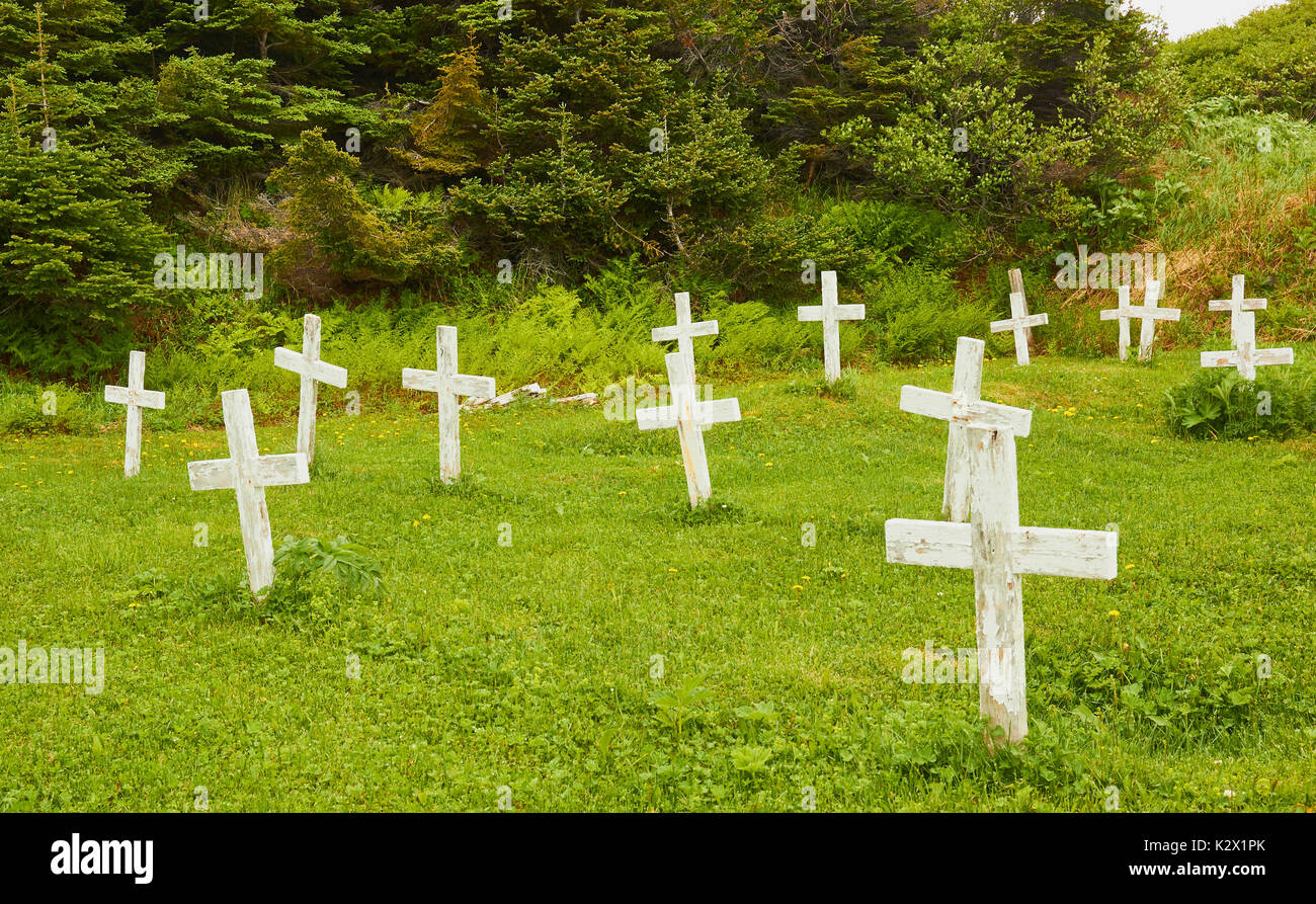 Wooden crosses on unmarked graves, Newfoundland, Canada Stock Photo