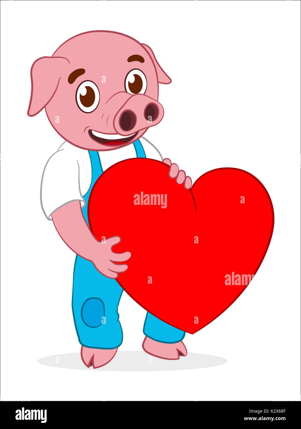 Happy cute cartoon pig holding red heart - illustration Stock Vector