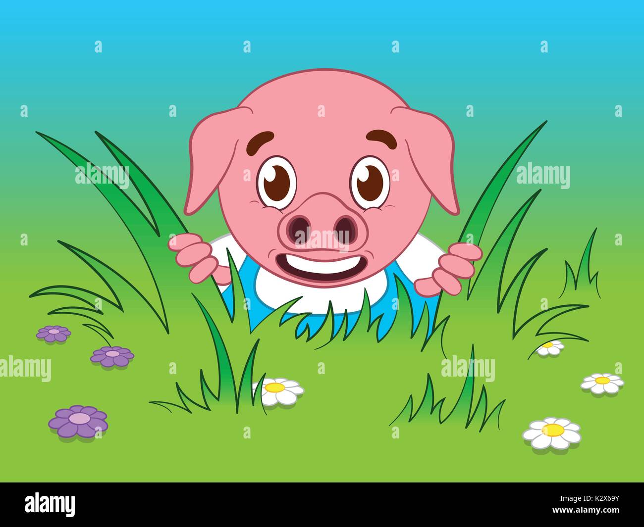 Litte pig cartoon looking through the grass - illustration Stock Vector